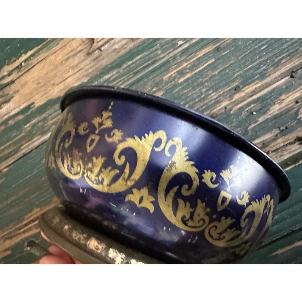 Vintage Cobalt Blue Gold Filigree Metal Canister Trinket Box with Lid Pedestal‎